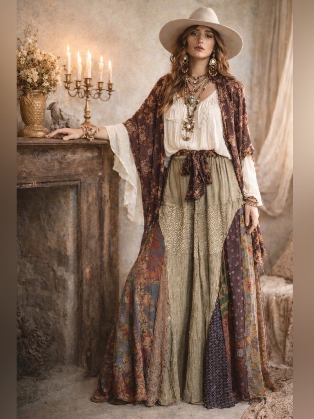 NWT: Young Threads Embroidered Mixed Patchwork Wide Leg Pants• Large